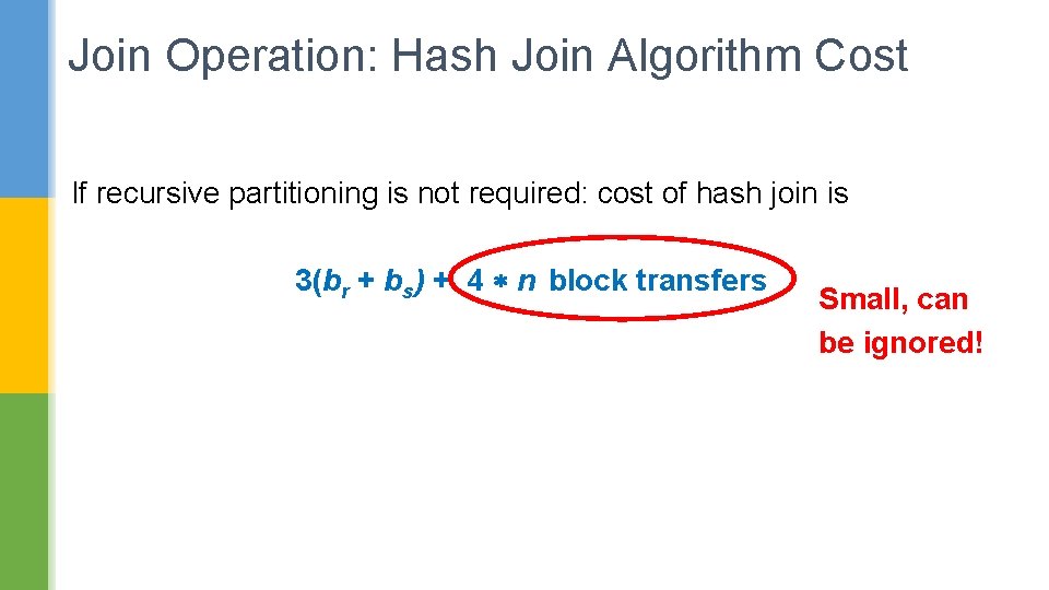 Join Operation: Hash Join Algorithm Cost If recursive partitioning is not required: cost of