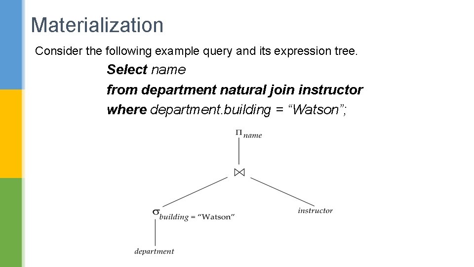 Materialization Consider the following example query and its expression tree. Select name from department