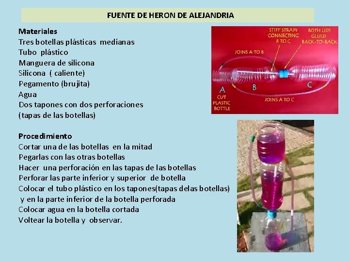 FUENTE DE HERON DE ALEJANDRIA Materiales Tres botellas plásticas medianas Tubo plástico Manguera de