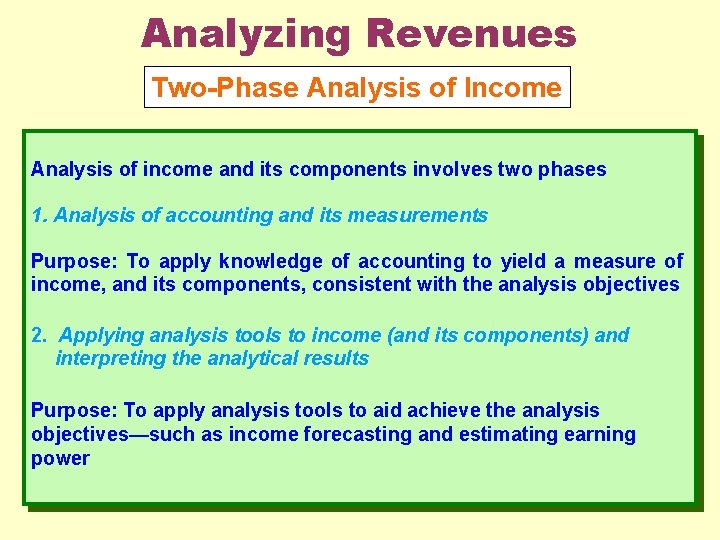 Analyzing Revenues Two-Phase Analysis of Income Analysis of income and its components involves two