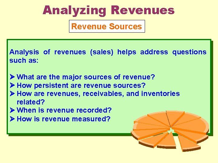 Analyzing Revenues Revenue Sources Analysis of revenues (sales) helps address questions such as: What