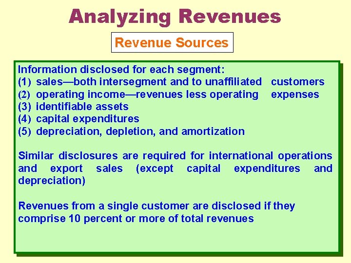 Analyzing Revenues Revenue Sources Information disclosed for each segment: (1) sales—both intersegment and to