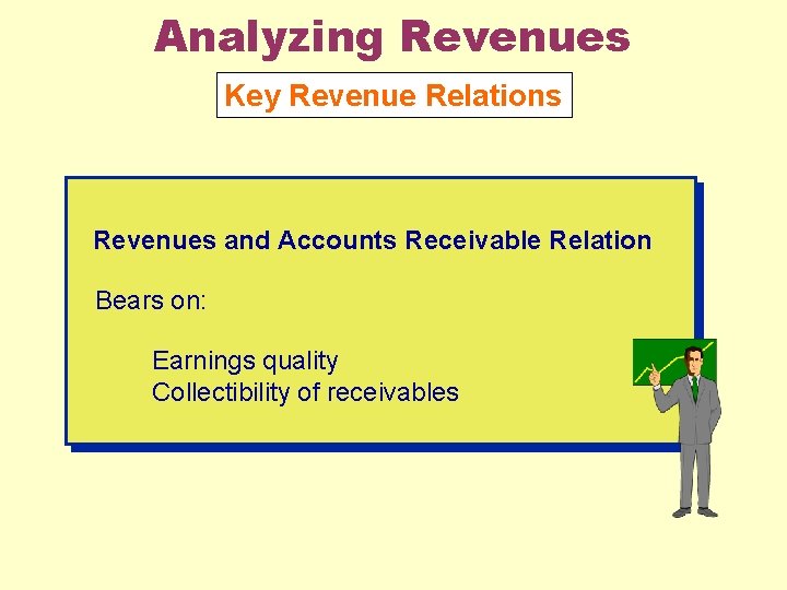 Analyzing Revenues Key Revenue Relations Revenues and Accounts Receivable Relation Bears on: Earnings quality