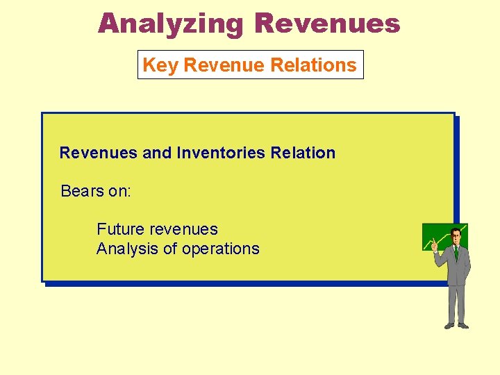 Analyzing Revenues Key Revenue Relations Revenues and Inventories Relation Bears on: Future revenues Analysis