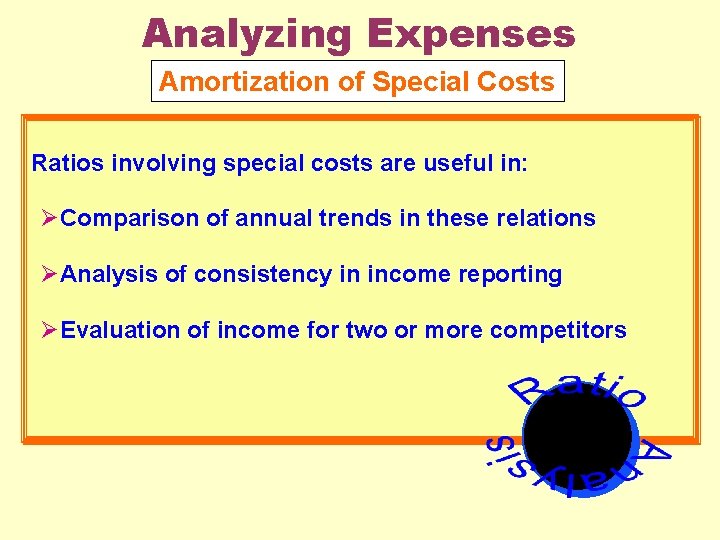 Analyzing Expenses Amortization of Special Costs Ratios involving special costs are useful in: ØComparison
