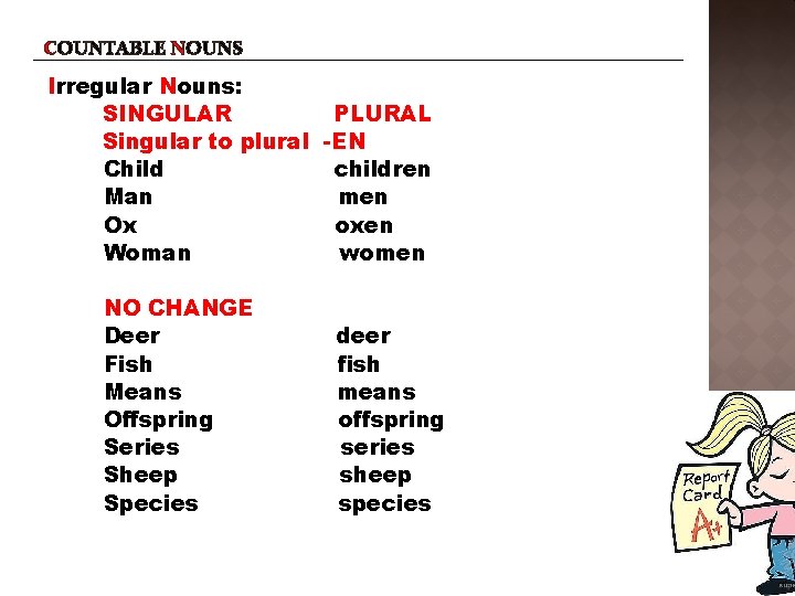COUNTABLE NOUNS Irregular Nouns: SINGULAR PLURAL Singular to plural -EN Child children Man men