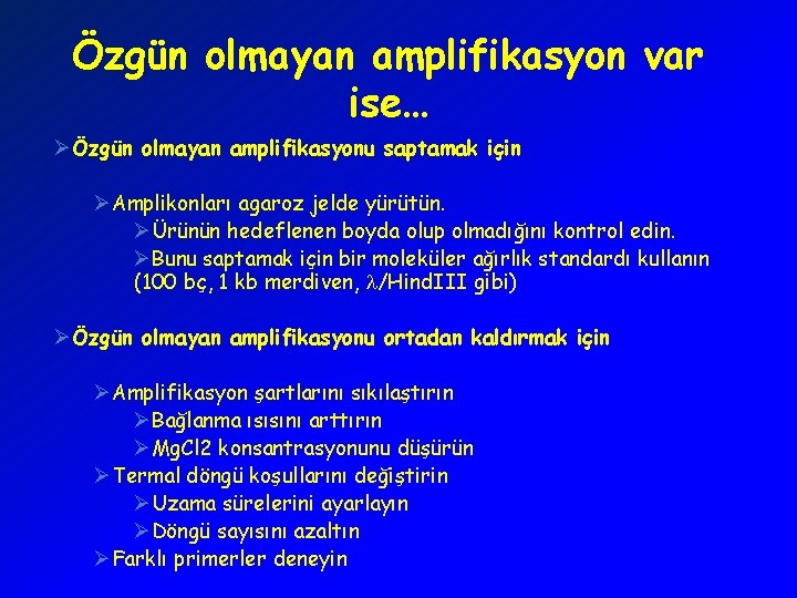 Özgün olmayan amplifikasyon var ise… ØÖzgün olmayan amplifikasyonu saptamak için ØAmplikonları agaroz jelde yürütün.