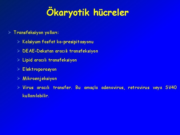 Ökaryotik hücreler Ø Transfeksiyon yolları: Ø Kalsiyum fosfat ko-presipitasyonu Ø DEAE-Dekstan aracılı transfeksiyon Ø