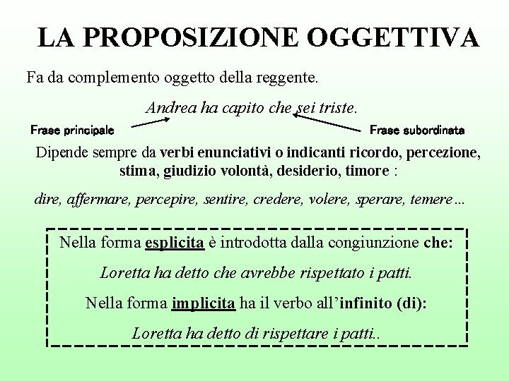 LA PROPOSIZIONE OGGETTIVA Fa da complemento oggetto della reggente. Andrea ha capito che sei