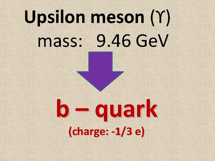 Upsilon meson (ϒ) mass: 9. 46 Ge. V b – quark (charge: -1/3 e)