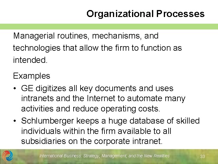 Organizational Processes Managerial routines, mechanisms, and technologies that allow the firm to function as