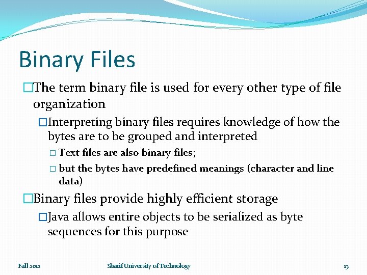 Binary Files �The term binary file is used for every other type of file