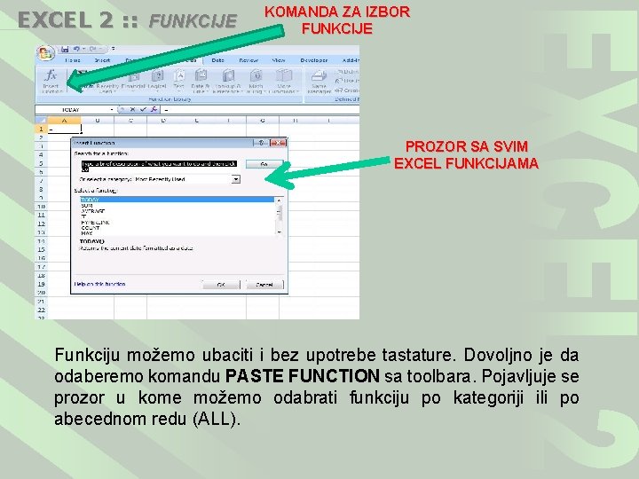EXCEL 2 : : FUNKCIJE KOMANDA ZA IZBOR FUNKCIJE PROZOR SA SVIM EXCEL FUNKCIJAMA