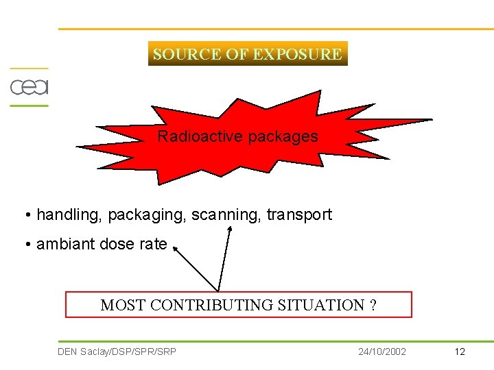 SOURCE OF EXPOSURE Radioactive packages • handling, packaging, scanning, transport • ambiant dose rate