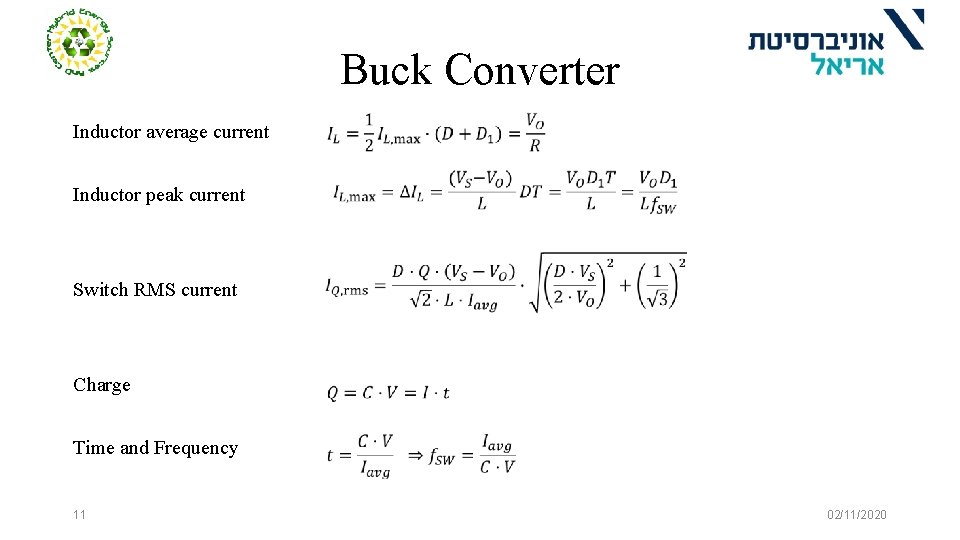 Buck Converter Inductor average current Inductor peak current Switch RMS current Charge Time and