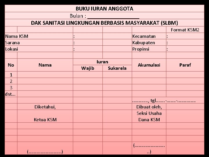 BUKU IURAN ANGGOTA Bulan : _________ DAK SANITASI LINGKUNGAN BERBASIS MASYARAKAT (SLBM) Format KSM