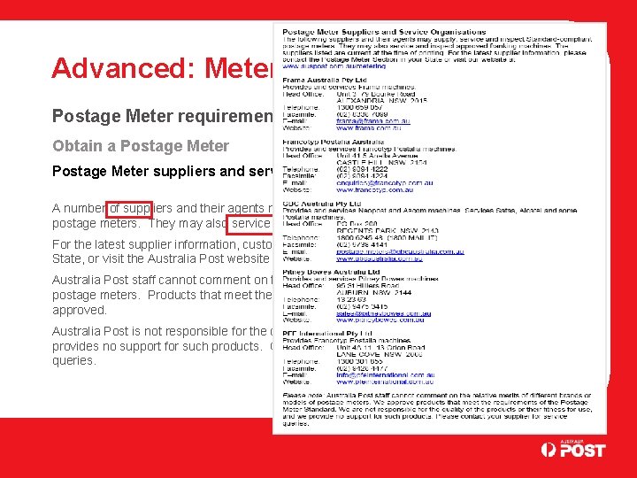 Advanced: Metering Inspection and servicing requirements differ for Postage Meters and Franking Machines. Postage