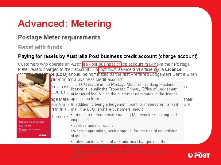 Advanced: Metering Postage Meter requirements Reset with funds Paying for resets by Australia Post