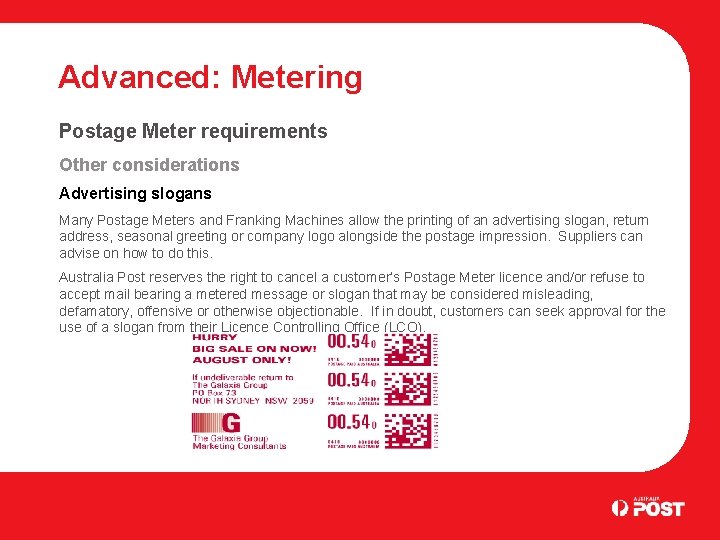 Advanced: Metering Postage Meter requirements Other considerations Advertising slogans Many Postage Meters and Franking