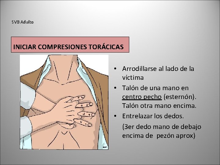 SVB Adulto INICIAR COMPRESIONES TORÁCICAS • Arrodillarse al lado de la víctima • Talón