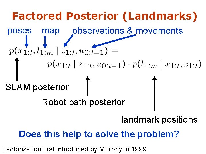 Factored Posterior (Landmarks) poses map observations & movements SLAM posterior Robot path posterior landmark