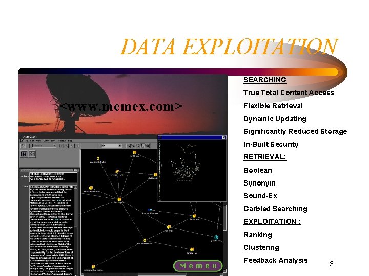DATA EXPLOITATION SEARCHING True Total Content Access <www. memex. com> Flexible Retrieval Dynamic Updating DATA EXPLOITATION SEARCHING True Total Content Access <www. memex. com> Flexible Retrieval Dynamic Updating