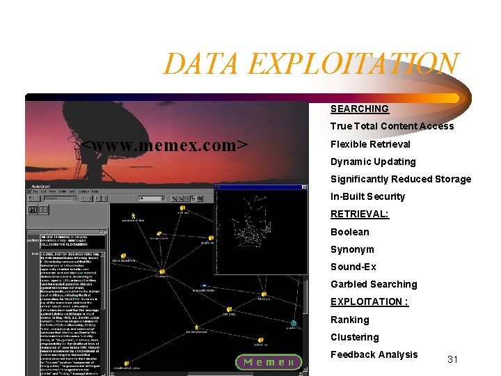 DATA EXPLOITATION SEARCHING True Total Content Access <www. memex. com> Flexible Retrieval Dynamic Updating