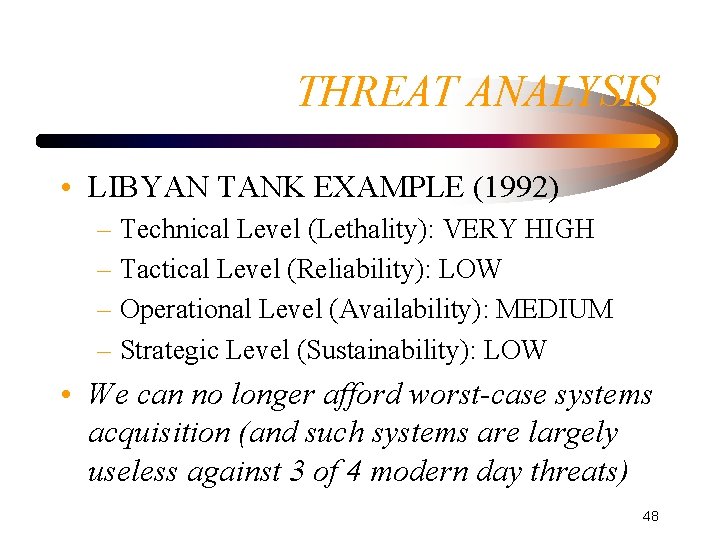 THREAT ANALYSIS • LIBYAN TANK EXAMPLE (1992) – Technical Level (Lethality): VERY HIGH –