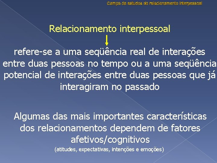 Campo de estudos do relacionamento interpessoal Relacionamento interpessoal refere-se a uma seqüência real de