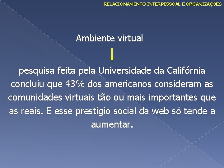 RELACIONAMENTO INTERPESSOAL E ORGANIZAÇÕES Ambiente virtual pesquisa feita pela Universidade da Califórnia concluiu que
