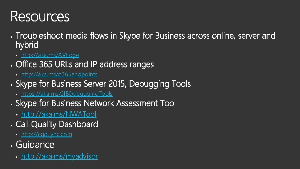 http: //aka. ms/AVEdge http: //aka. ms/o 365 endpoints https: //aka. ms/Sf. BDebugging. Tools http: