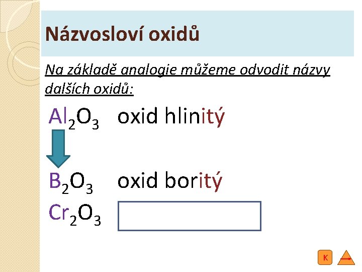 Názvosloví oxidů Na základě analogie můžeme odvodit názvy dalších oxidů: Al 2 O 3