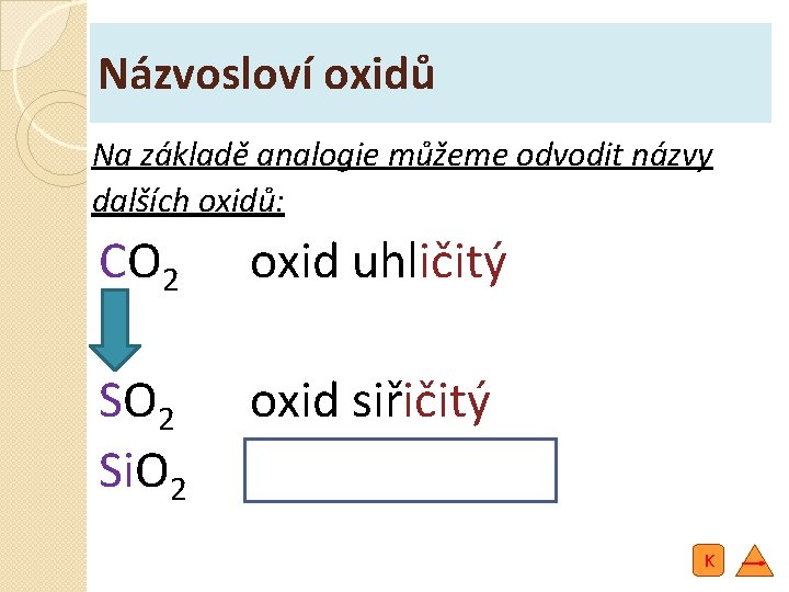 Názvosloví oxidů Na základě analogie můžeme odvodit názvy dalších oxidů: CO 2 oxid uhličitý