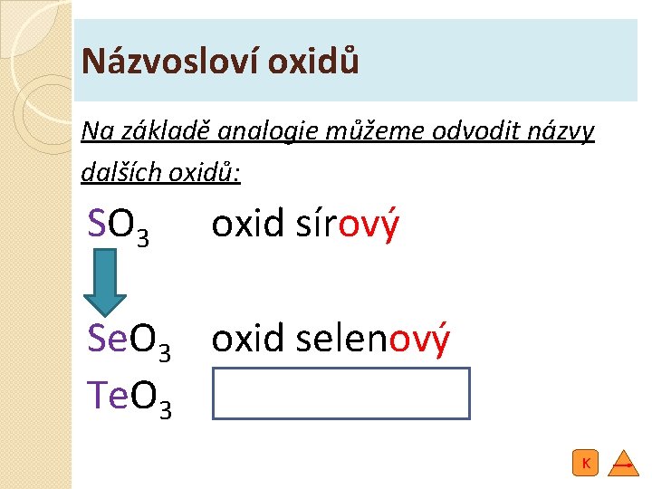 Názvosloví oxidů Na základě analogie můžeme odvodit názvy dalších oxidů: SO 3 oxid sírový