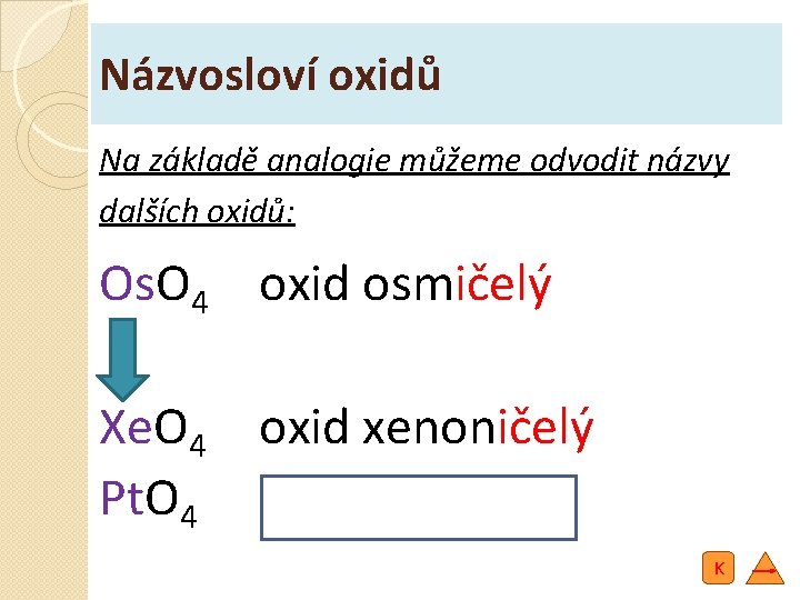 Názvosloví oxidů Na základě analogie můžeme odvodit názvy dalších oxidů: Os. O 4 oxid