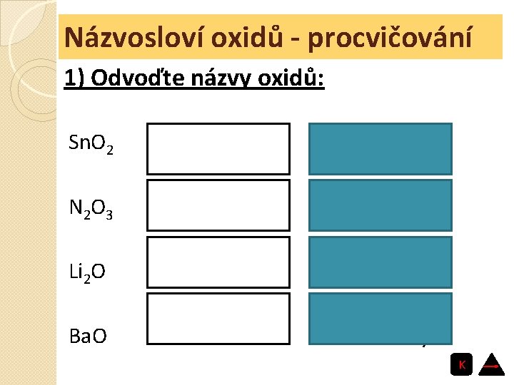 Názvosloví oxidů - procvičování 1) Odvoďte názvy oxidů: Sn. O 2 oxid cíničitý N