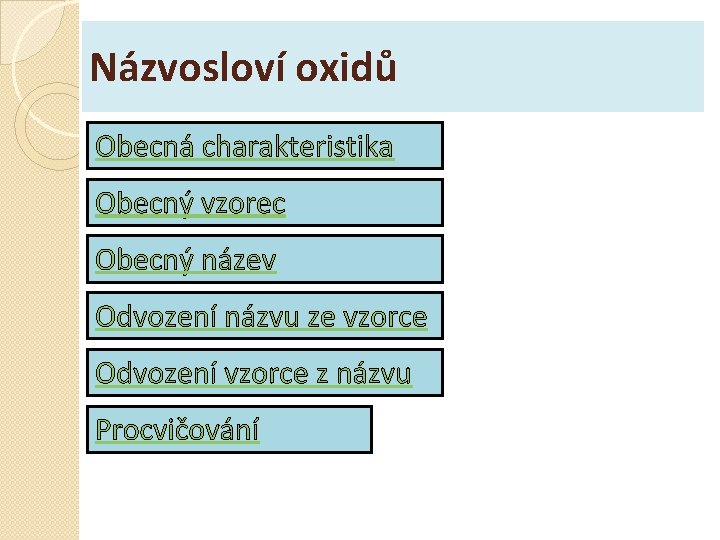 Názvosloví oxidů Obecná charakteristika Obecný vzorec Obecný název Odvození názvu ze vzorce Odvození vzorce