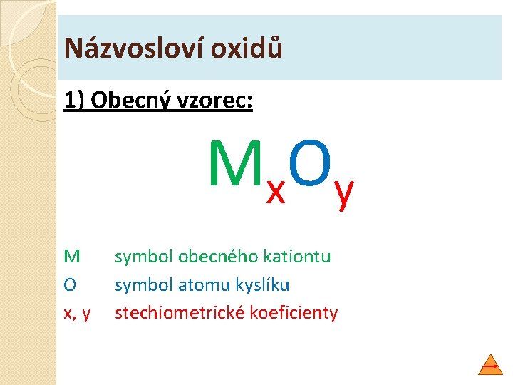 Názvosloví oxidů 1) Obecný vzorec: M x. O y M O x, y symbol