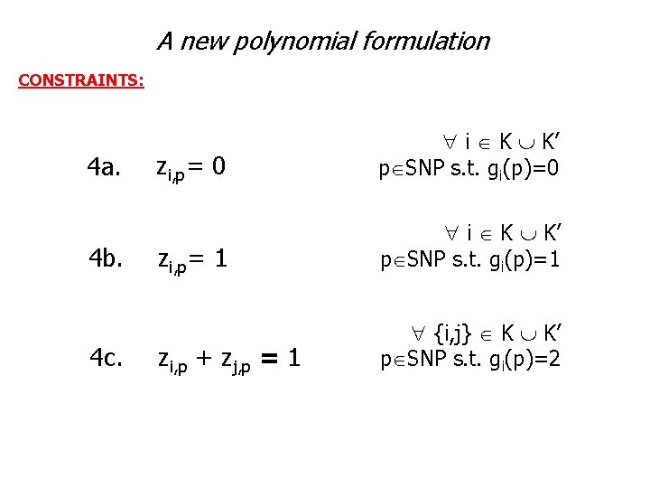 A new polynomial formulation CONSTRAINTS: 4 a. 4 b. 4 c. zi, p= 0