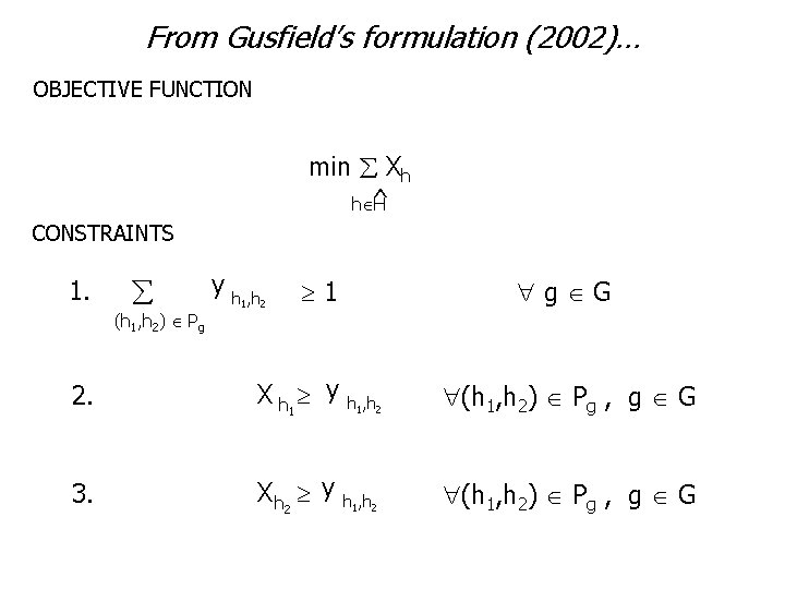 From Gusfield’s formulation (2002)… OBJECTIVE FUNCTION min Xh ^ h H CONSTRAINTS 1. y