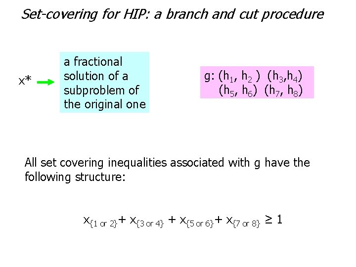 Set-covering for HIP: a branch and cut procedure x* a fractional solution of a