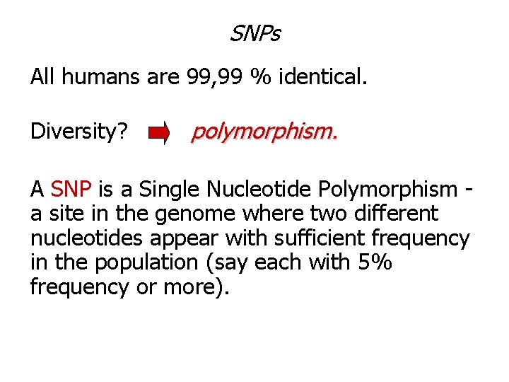 SNPs All humans are 99, 99 % identical. Diversity? polymorphism. A SNP is a