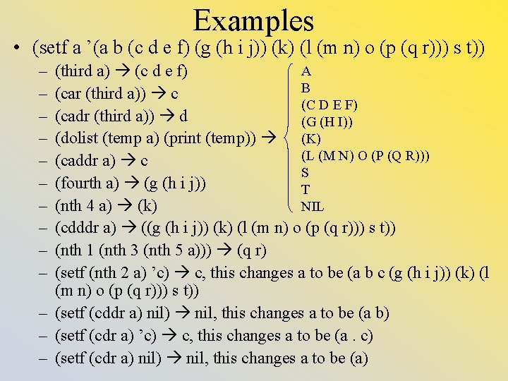 Examples • (setf a ’(a b (c d e f) (g (h i j))