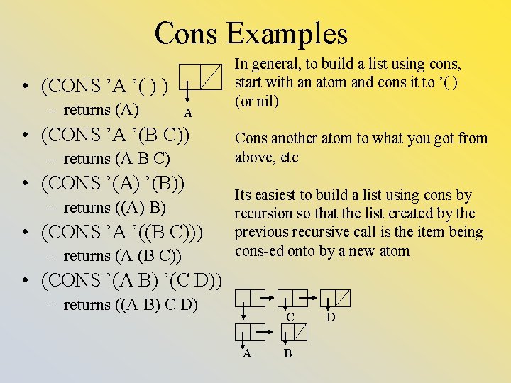 Cons Examples • (CONS ’A ’( ) ) – returns (A) A • (CONS