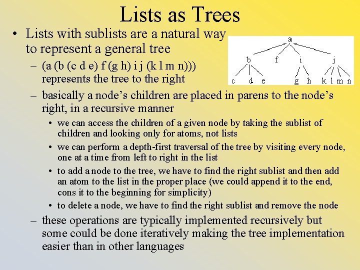 Lists as Trees • Lists with sublists are a natural way to represent a