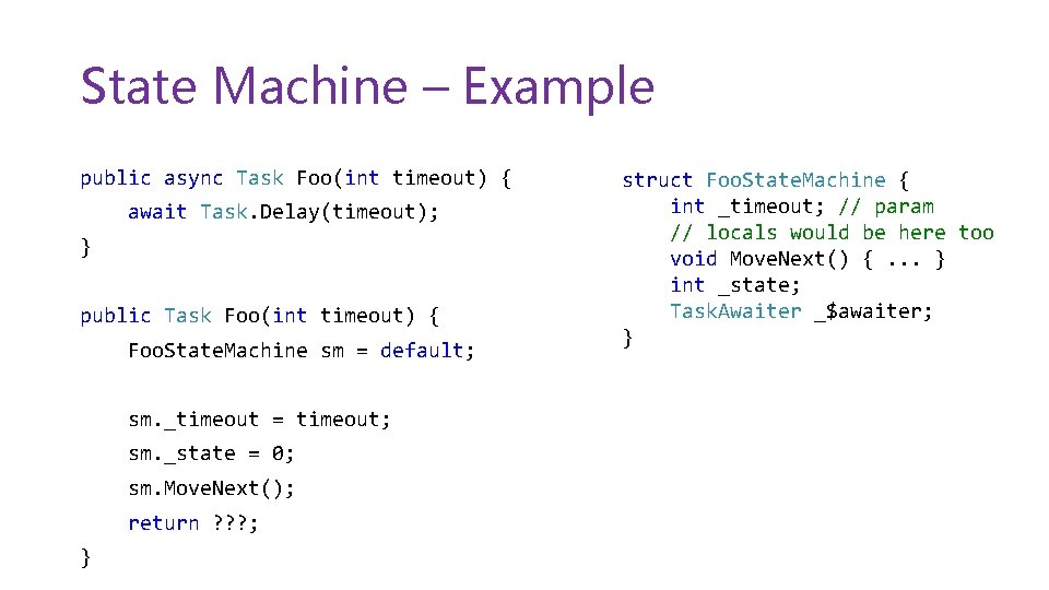 State Machine – Example public async Task Foo(int timeout) { await Task. Delay(timeout); }