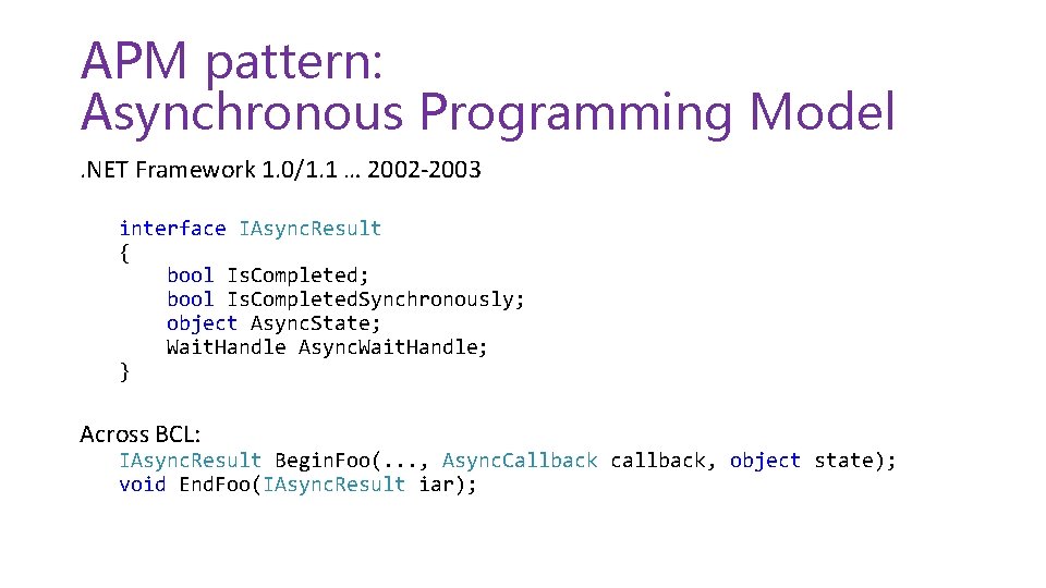 APM pattern: Asynchronous Programming Model. NET Framework 1. 0/1. 1 … 2002 -2003 interface