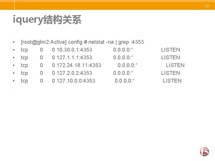 23 iquery结构关系 • • • [root@gtm 2: Active] config # netstat -na | grep