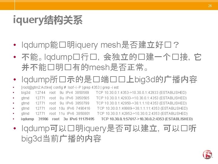 26 iquery结构关系 • Iqdump能�明iquery mesh是否建立好�？ • 不能。Iqdump�行�，会独立的�建一个�接，它 并不能�明�有的mesh是否正常。 • Iqdump所�示的是�端��上big 3 d的广播内容 • •