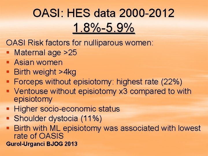 OASI: HES data 2000 -2012 1. 8%-5. 9% OASI Risk factors for nulliparous women: